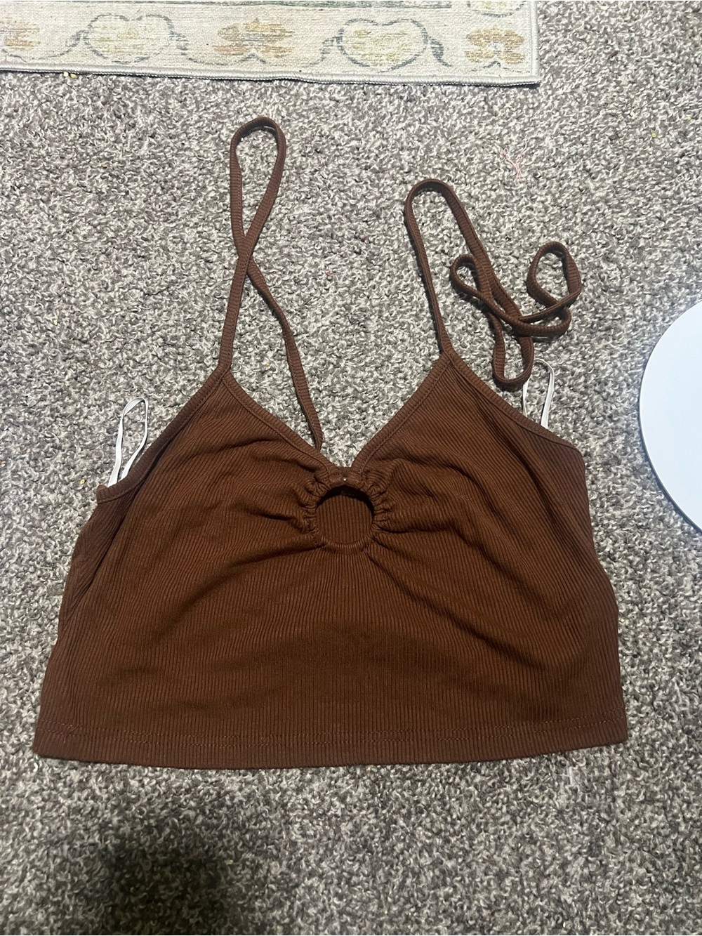 Women’s Brown Ribbed Ring-Front Cropped Tank Top